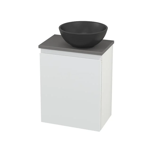 Weißes Badezimmermöbel mit grauem Waschbecken aus Keramik, modernes Design.