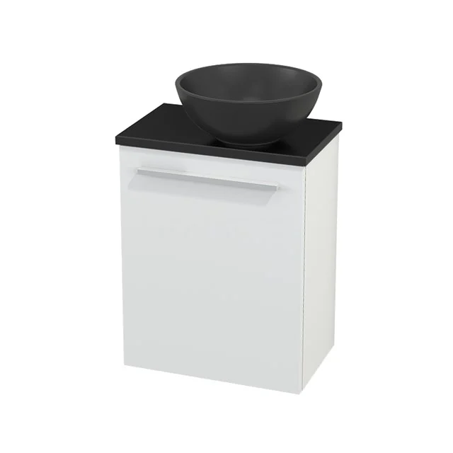 White bathroom unit with single black ceramic countertop wash basin, modern style, compact size. Perfect for small bathrooms.