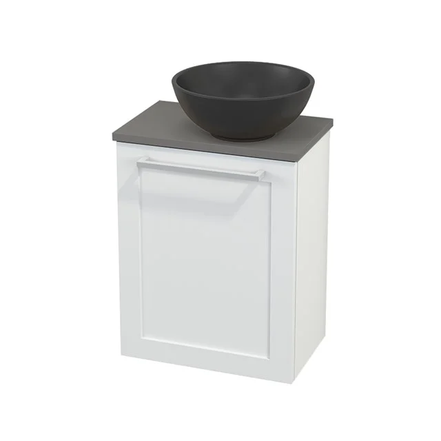 Weißes Badezimmermöbel mit grauem Waschbecken aus Keramik, modernes Erscheinungsbild, ideal für kompakte Bäder.