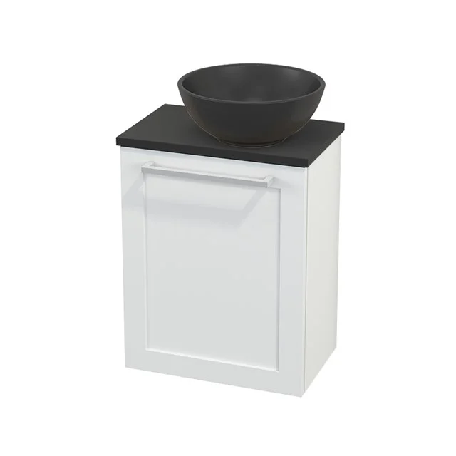White vanity units with basin in black, compact design, made of wood. Perfect for a modern bathroom style.