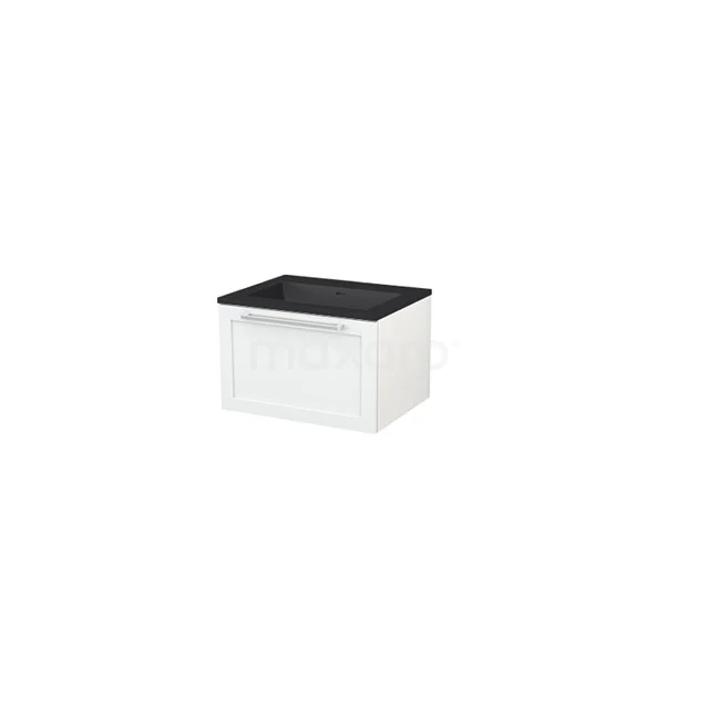 White bathroom cabinet with black wooden worktop, compact design, ideal for storage space in modern bathrooms.