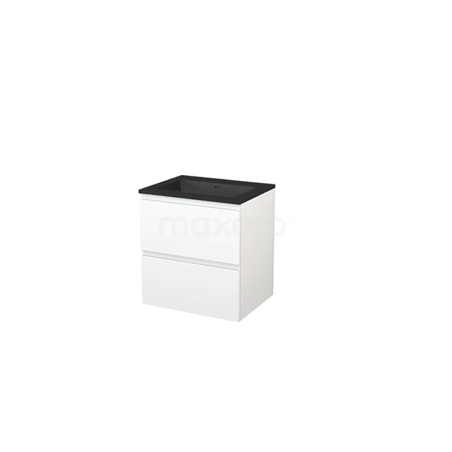 White bathroom unit with black top, modern two-drawer design, ideal for storage space in a stylish bathroom.