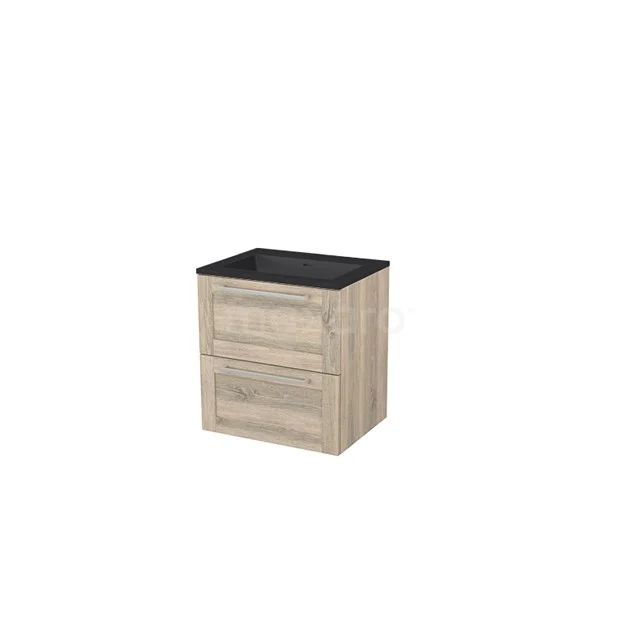 Wooden bathroom unit with black basin worktop, compact size, 2 drawers, modern style, ideal for small bathrooms.
