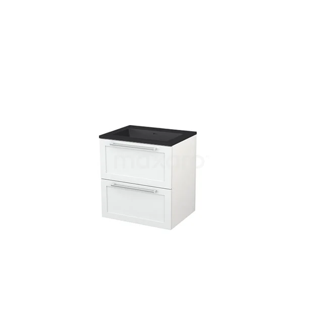 White bathroom unit with black top, two drawers and sleek handles, ideal for modern bathroom storage.