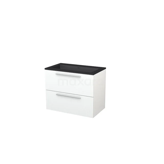 White Bathroom unit with 2 drawers and black worktop, sleek design, ideal for storage space in modern bathrooms.