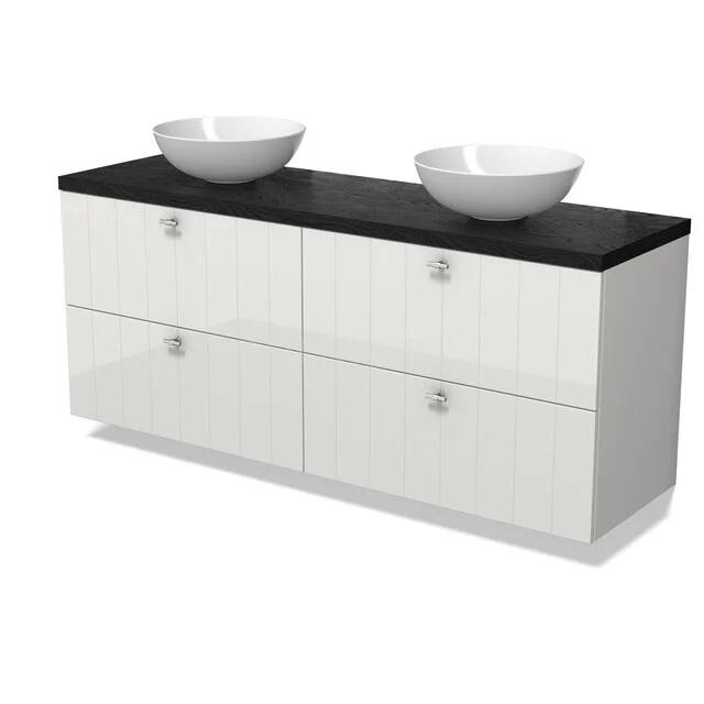 Modulo Plato Badkamermeubel voor waskom | 160 cm Hoogglans wit Lamel front Zwart eiken blad 4 lades BMK18-01774 Modulo Plato Badkamermeubel voor waskom | 160 cm Hoogglans wit Lamel front Zwart eiken blad 4 lades BMK18-01774