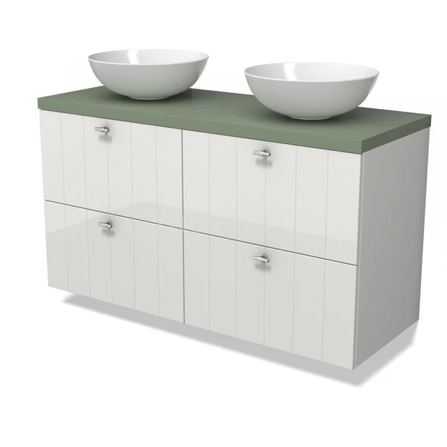 Modulo Plato Badmöbel mit Aufsatzwaschbecken | 120 cm Hochglanz Weiß Lamelle front Salbeigrün blatt 4 Schubladen BMK18-01678