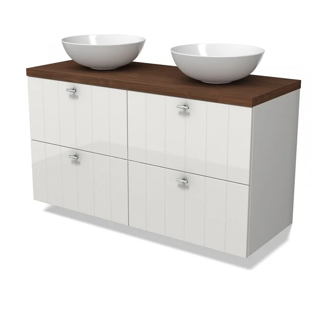 Modulo Plato Badmöbel mit Aufsatzwaschbecken | 120 cm Hochglanz Weiß Lamelle front Walnuss blatt 4 Schubladen BMK18-02378