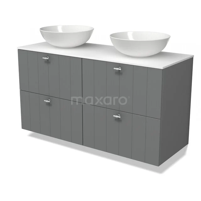 Modulo Plato Badmöbel mit Aufsatzwaschbecken | 120 cm Mittelgrau Lamelle front Solid Surface blatt 4 Schubladen BMK18-02489