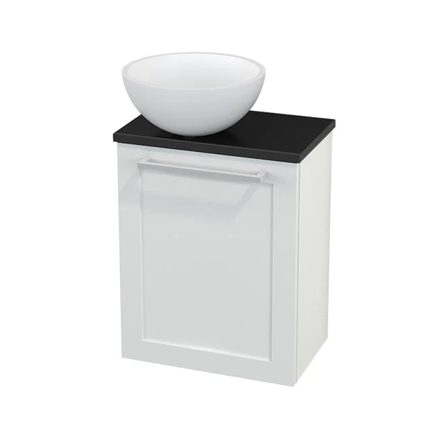 Toilet unit with countertop wash basin Solid surface Modulo+ Pico High-gloss white 41cm BMC000075 White bathroom unit with black top plate and round white countertop wash basin, compact design, ideal for modern bathrooms.