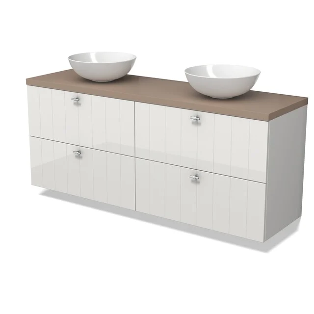 Modulo Plato Vanity units for countertop basin | 160 cm High-gloss white Slat front Taupe worktop 4 drawers BMK18-01646