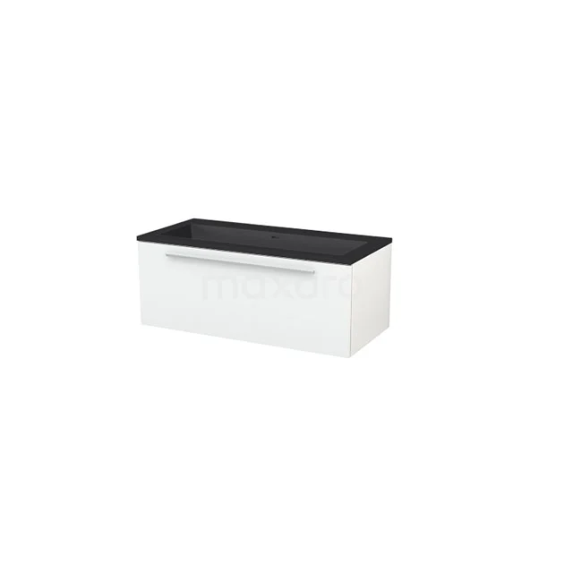 White hanging bathroom unit with black worktop, modern design and practical storage space.
