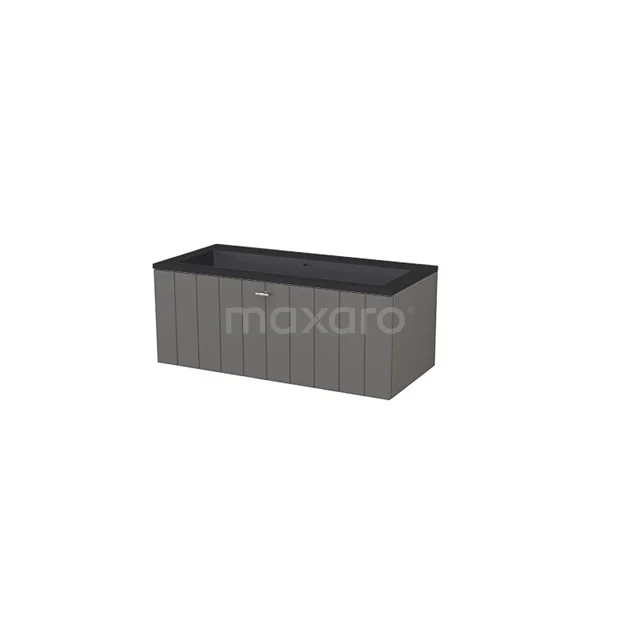 Modulo+ Bathroom furniture with sink | 100 cm Basalt Slat front Quartz 1 drawer BMP005734 Grey plastic storage box with shelf design, ideal for bathroom storage. Sturdy and water-resistant for practical organisation.