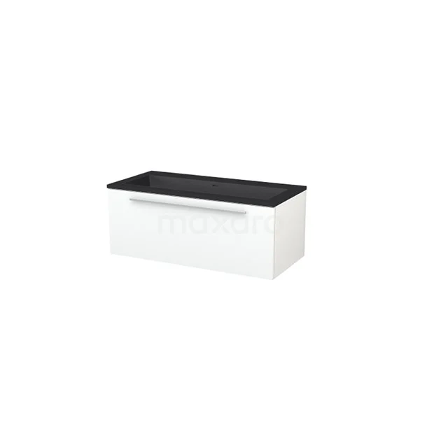White wall-mounted bathroom cabinet with black worktop, sleek wood design, ideal for modern bathroom storage.