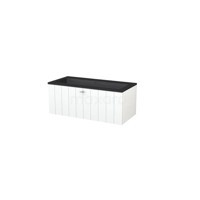 White bathroom cabinet with black worktop, wood-look fronts and storage function, perfect for a stylish and practical bathroom.