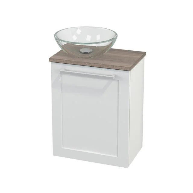 Toilet unit with Countertop wash basin Glass Modulo+ Pico High-gloss white 41cm BMC000078 White bathroom unit with wooden worktop and glass bowl, compact design perfect for modern bathrooms.