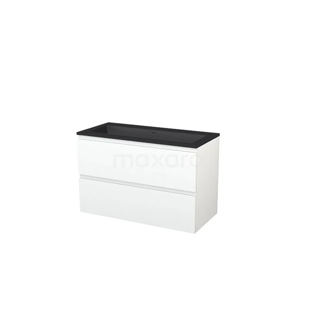 White bathroom cabinet with two drawers, black worktop, modern design, ideal for bathroom storage.