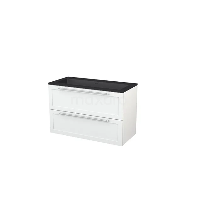 White bathroom cabinet with two drawers and black top, modern design, ideal for storage space in the bathroom.