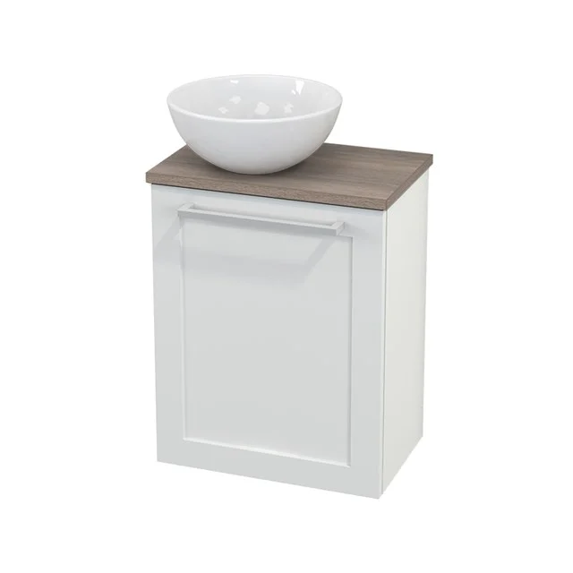 Weißes Badmöbel mit einer Holzplatte und rundem Waschbecken, ideal für kompakte Bäder, modernes und funktionales Design.