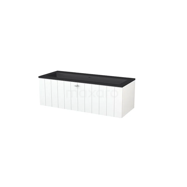 Vanity units with basin | 120 cm Slat front Quartz 1 drawer BMP005777 White bathroom cabinet with black top, sleek design, ideal for storage space in modern bathrooms.