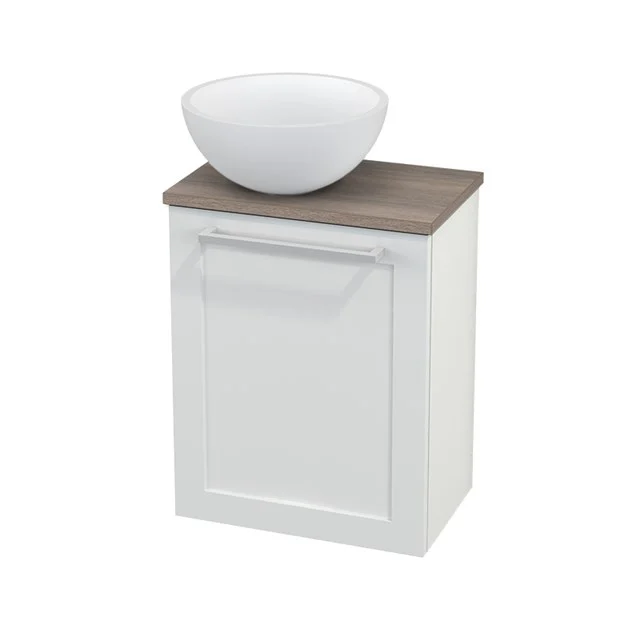 Weißer Badschrank mit Holzplatte und rundem weißen Waschbecken, kompaktes Design für stilvolle Badezimmerlagerung.