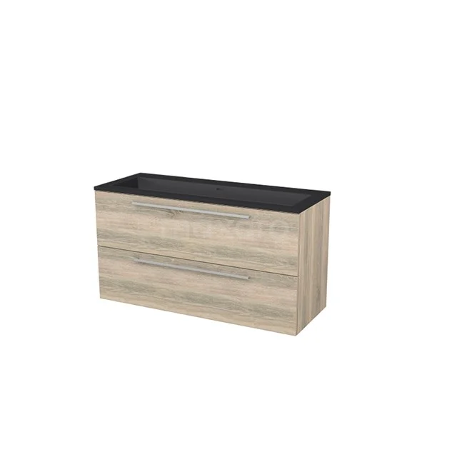 Bathroom unit 120 cm Modulo+ Brown,Oak 2 Drawers Flat Basin Quartz BMP005787 Wooden bathroom unit with vanity units with basin in black oak, modern oak finish and minimalist design from the Elegance Series.