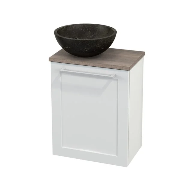 White bathroom unit with wooden worktop and black natural stone basin shell, ideal for a modern bathroom design.