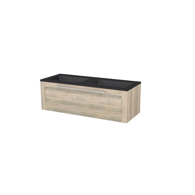 Waschtische | 120 cm Rahmen front Quarz 1 Schublade BMP005809 Holz Badmöbel mit einem schwarzen Waschbecken der Oak Serie, modernes Design und ideal für moderne Badezimmerinterieurs.