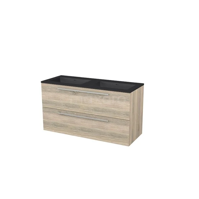 Vanity units with basin | 120 cm Flat front Quartz 2 Stacked drawers BMP005822 Wooden bathroom unit with vanity units with basin in black, modern oak design in natural finish.