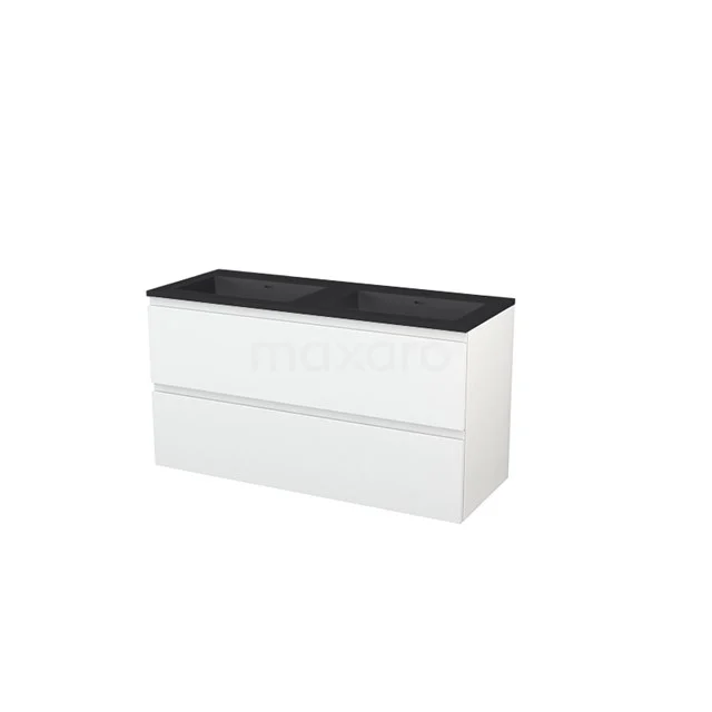 White bathroom unit with two drawers, black basin worktop, modern design, durable materials, ideal for a stylish bathroom.