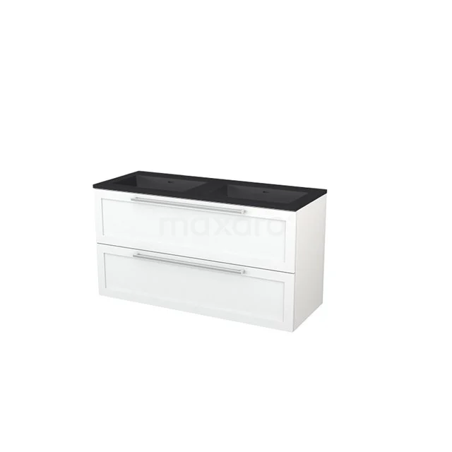 White bathroom unit with black stone worktop, 2 drawers and sleek black metal handles, ideal for modern bathroom design.