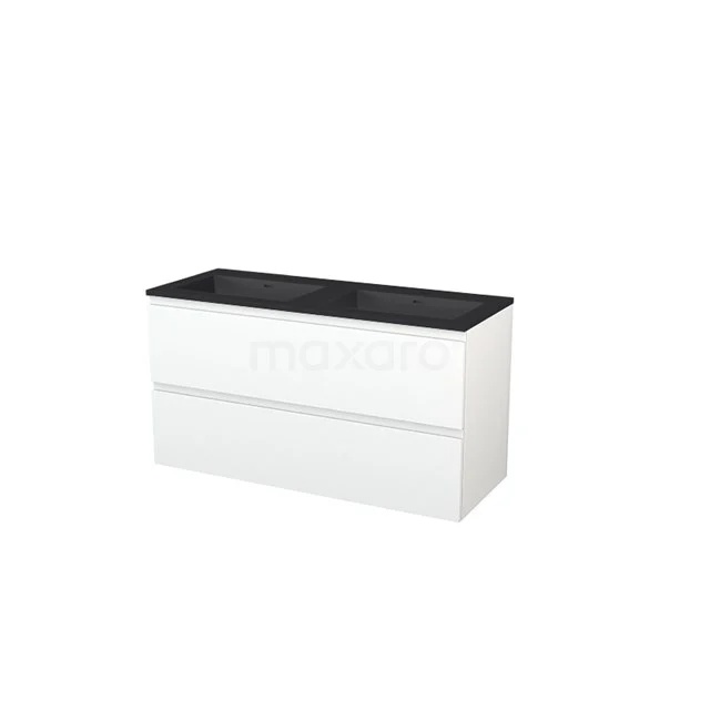 Vanity units with basin | 120 cm Handle-less front Quartz 2 Stacked drawers BMP005835 White bathroom unit with two drawers and black stone basin worktop, modern design from the premium series.