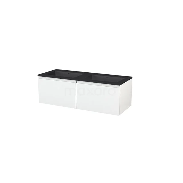 White hanging bathroom unit with black vanity units with basin, modern design, soft-close drawers, ideal for a sleek bathroom style.