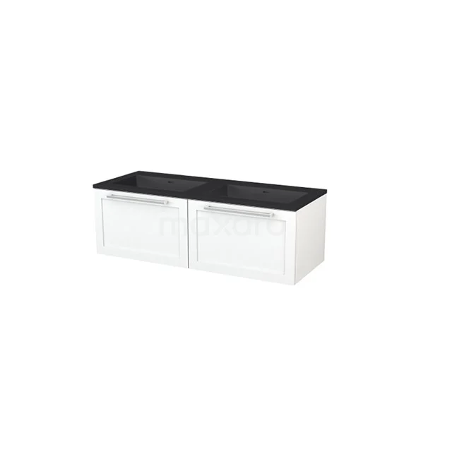 White suspended bathroom unit with double drawers and black worktop, modern design from premium series, ideal for stylish bathrooms.