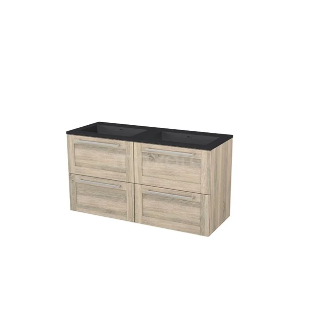 Wooden bathroom unit with double vanity units with basin in black, light oak look and modern storage drawers for a stylish bathroom.