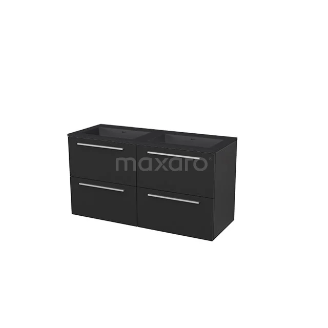 Vanity units with basin | 120 cm Flat front Quartz 4 drawers BMP005869 Black double basin base cabinet, modern design, with metal handles and soft-close drawers, ideal for a stylish bathroom.