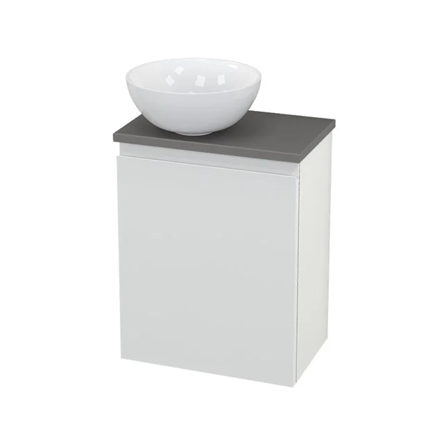 White bathroom cabinet with grey worktop, including round basin made of ceramic. Compact design for modern bathroom interiors.