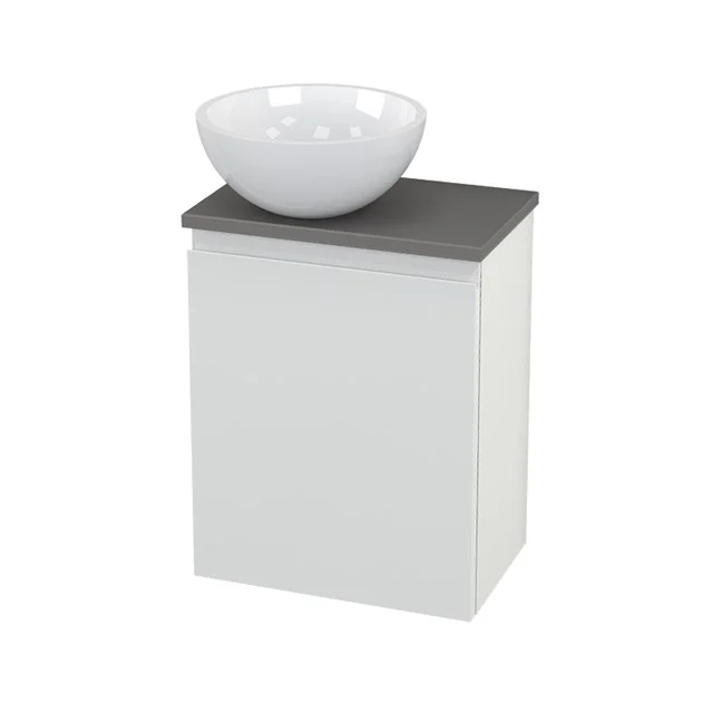 Toilet unit with Countertop wash basin Mineral marble Gloss Modulo+ Pico High-gloss white 41cm BMC000095 White bathroom unit with grey worktop and ceramic countertop wash basin, compact design for a modern bathroom style.