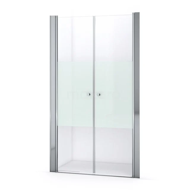 Glasene Duschtür mit Matt Weiß Streifen-Design, Aluminium Profile und platzsparendem Schiebesystem für moderne Bäder.