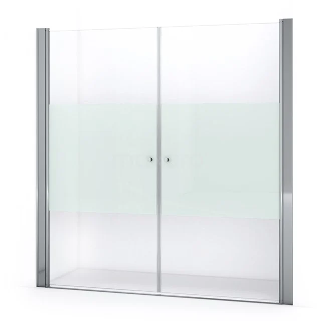 Glas Duschwand mit Matt Weißer Streifen, Schiebetüren und Aluminium Profilen; ideal für ein modernes Badezimmer.