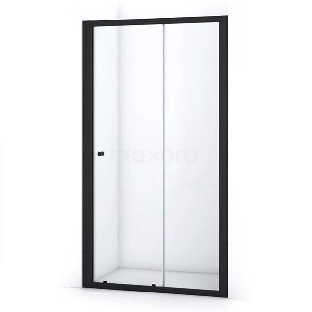Matte black shower door with clear glass, sliding mechanism and sleek design, perfect for a modern bathroom style.