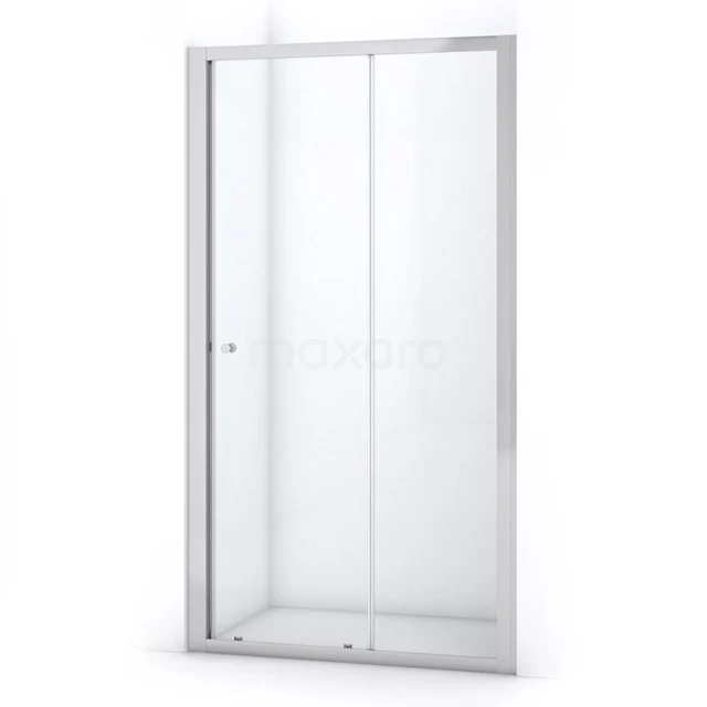 Modern glass shower door with sliding mechanism, silver frame, ideal for stylish bathroom design.