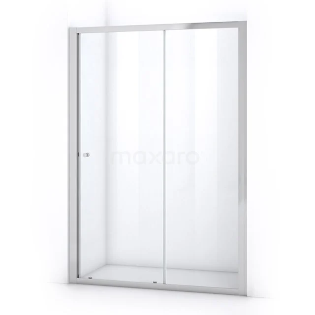 Glass shower door with silver frame, sliding mechanism; suitable for modern bathrooms.