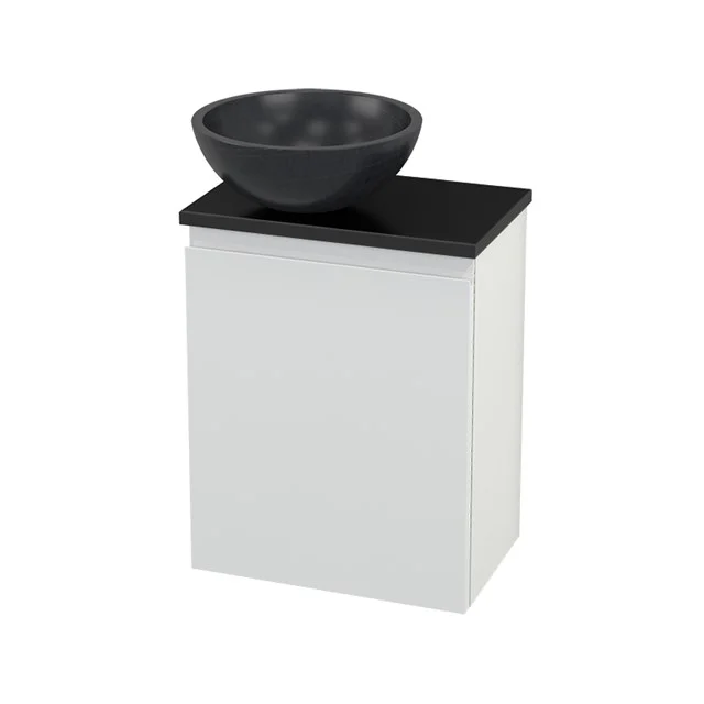White bathroom unit with vanity units with basin in black, sleek design, ideal for modern bathrooms.