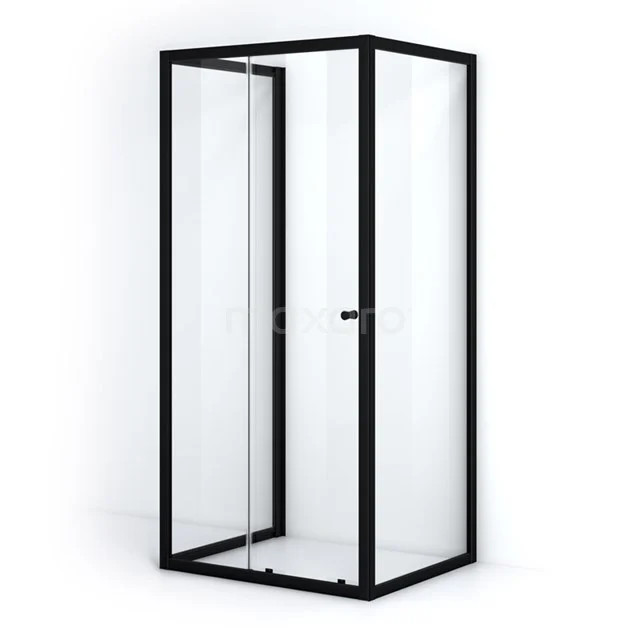Black glass shower enclosure with corner step, minimalist design and aluminium frame, ideal for modern bathrooms.