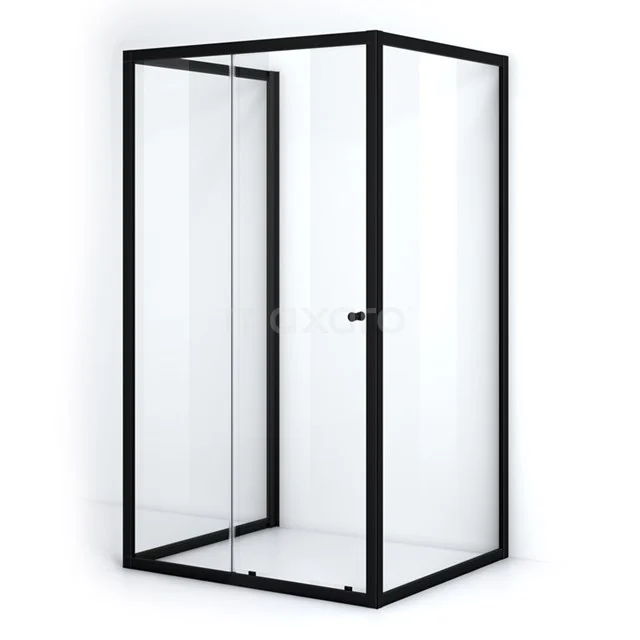 Schwarze Duschkabine mit mattschwarzem Rahmen und gläserner Schiebetür, modernes Design, ideal für eine stilvolle Badezimmer Einrichtung.
