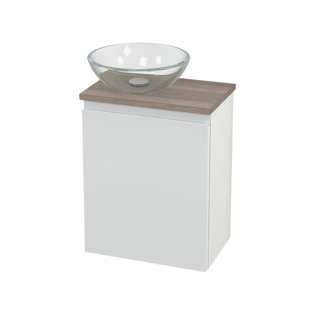 Toilet unit with Countertop wash basin Glass Modulo+ Pico High-gloss white 41cm BMC000106 White bathroom unit with wooden worktop and countertop wash basin made of glass, modern design.