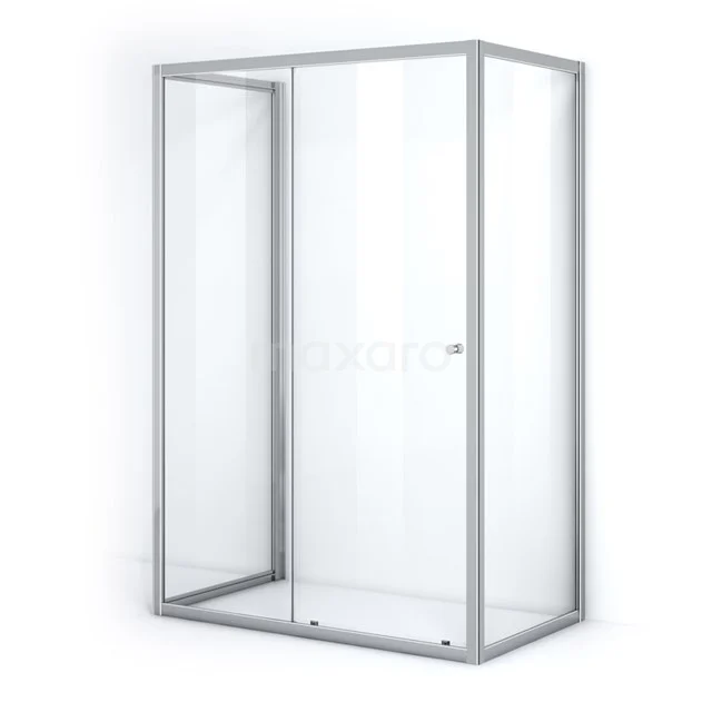 Glass shower enclosure with silver frame, sleek design and sliding door, perfect for modern bathrooms.