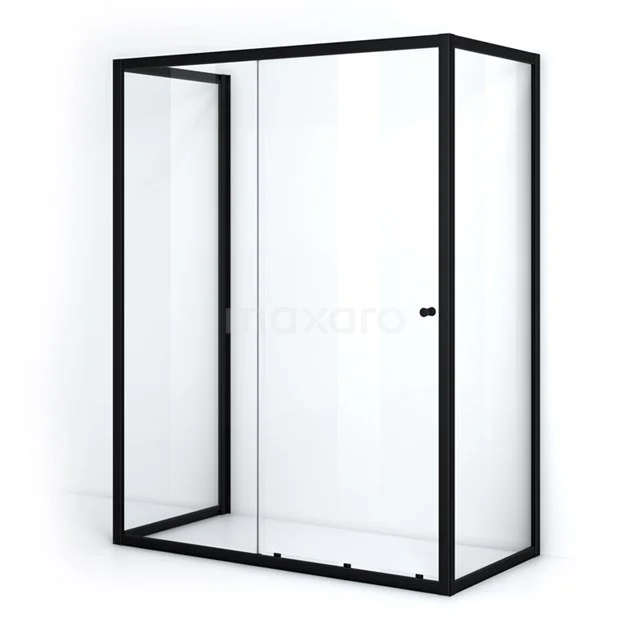 Zwarte aluminium douchewand met helder glas, minimalistisch design, ideaal voor een moderne badkamer.