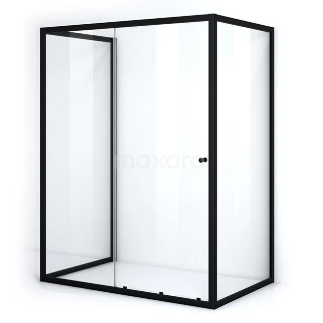Matte black shower enclosure with corner step, minimalist design and transparent glass, perfect for a modern bathroom style.